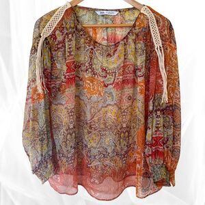 Zara Boho Orange Western Print with Tassel Sheer Tops Size S